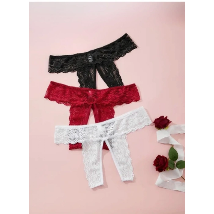 MARSiLYAN-  Büyük Beden Fantezi Kadın 3lü Özel Bölgeleri Açık Dantelli Tanga seti TG270045-B