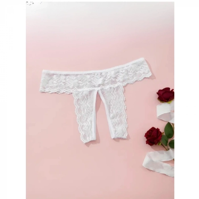 MARSiLYAN-  Büyük Beden Fantezi Kadın 3lü Özel Bölgeleri Açık Dantelli Tanga seti TG270045-B