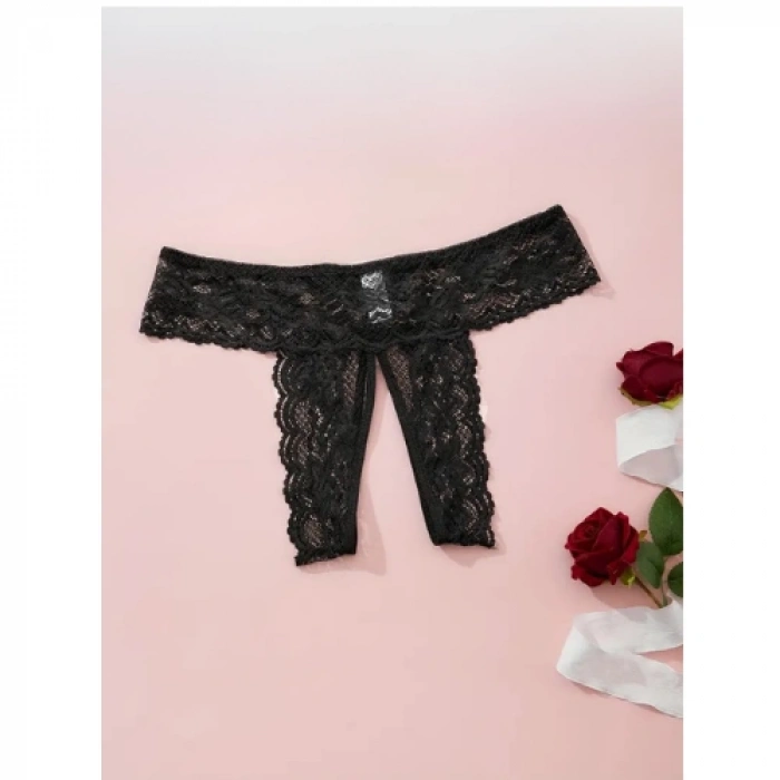 MARSiLYAN-  Büyük Beden Fantezi Kadın 3lü Özel Bölgeleri Açık Dantelli Tanga seti TG270045-B