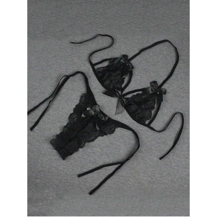 MARSiLYAN-  Büyük Beden Fantezi Seksi Siyah Fiyonk Süslemeli Dantelli Sütyen String Takımı TG279707-B