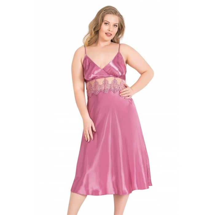 MARSiLYAN-  Büyük Beden Gül Kurusu Uzun İkili Saten Sabahlık Gecelik Takımı