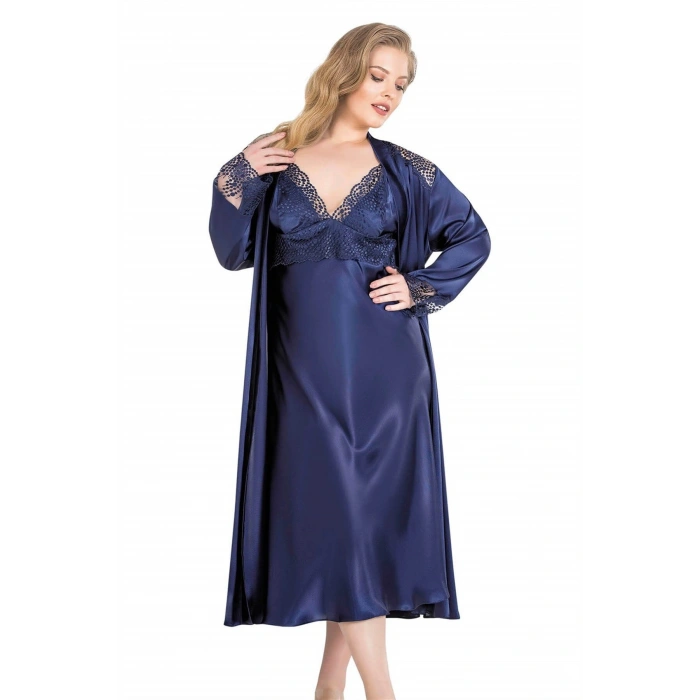 MARSiLYAN-  Büyük Beden Lacivert Uzun İkili Saten Sabahlık Gecelik Takımı