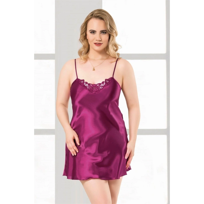MARSiLYAN-  Büyük Beden Mor Kısa Saten Gecelik