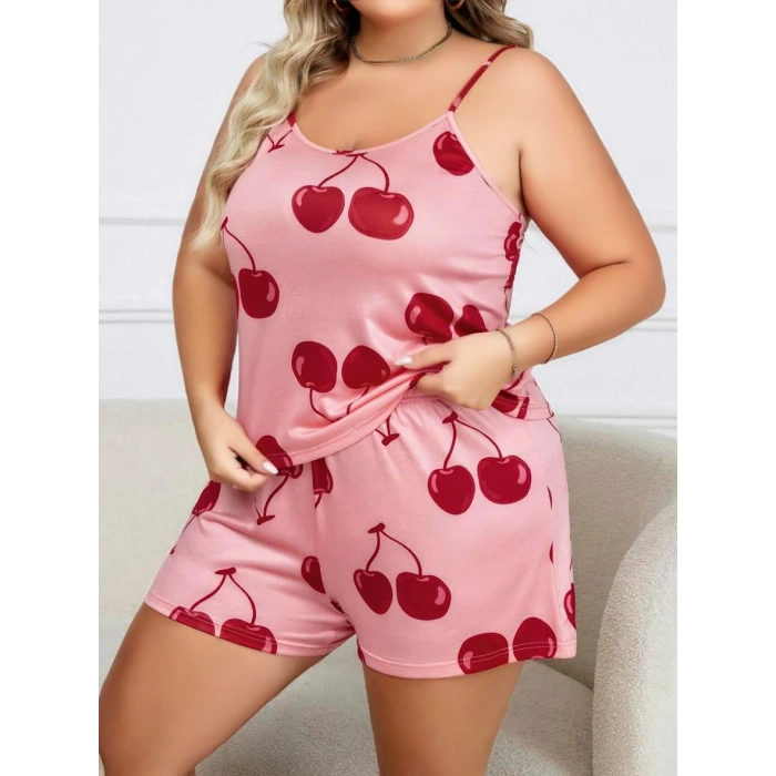 MARSiLYAN-  Büyük Beden Pembe Kiraz Desen İnce Askılı Pamuklu Şortlu Pijama Takımı