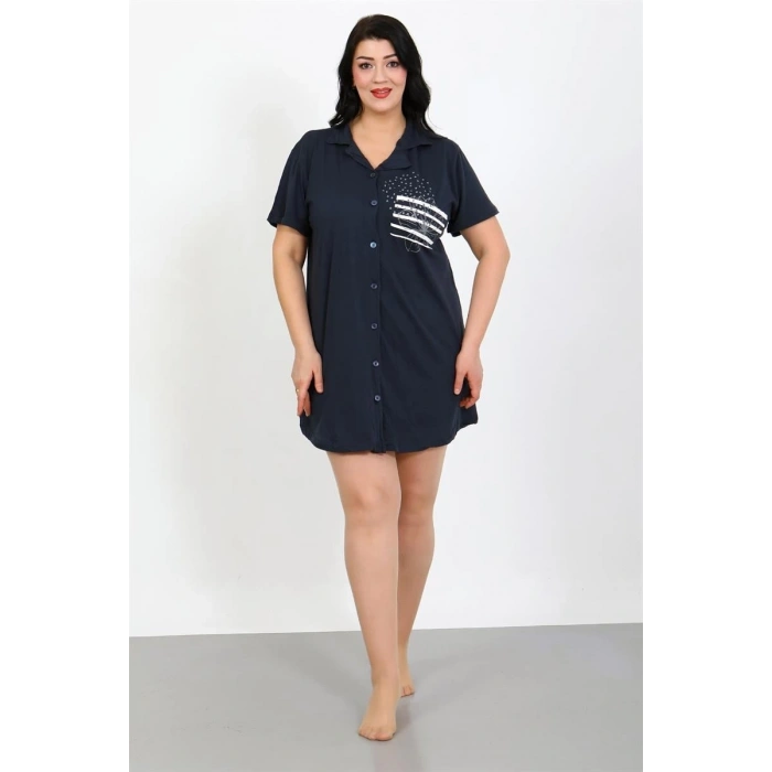 MARSiLYAN- Büyük Beden Penye Düğmeli Lacivert Tunik Gecelik