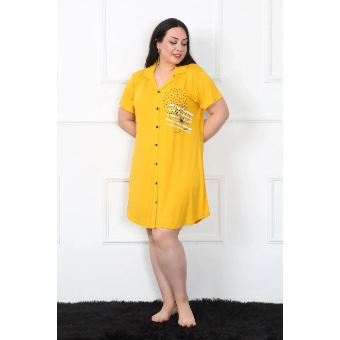 MARSiLYAN- Büyük Beden Penye Düğmeli Sarı Tunik Gecelik