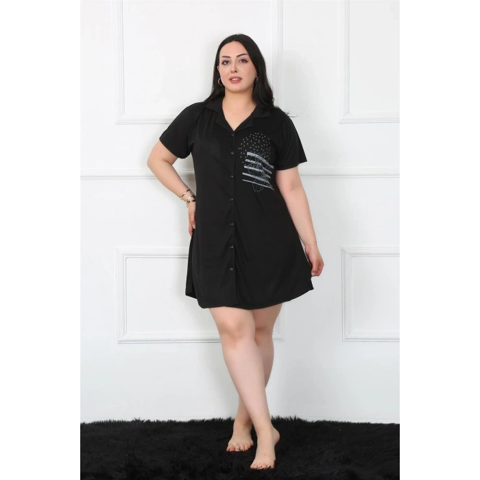 MARSiLYAN- Büyük Beden Penye Düğmeli Siyah Tunik Gecelik