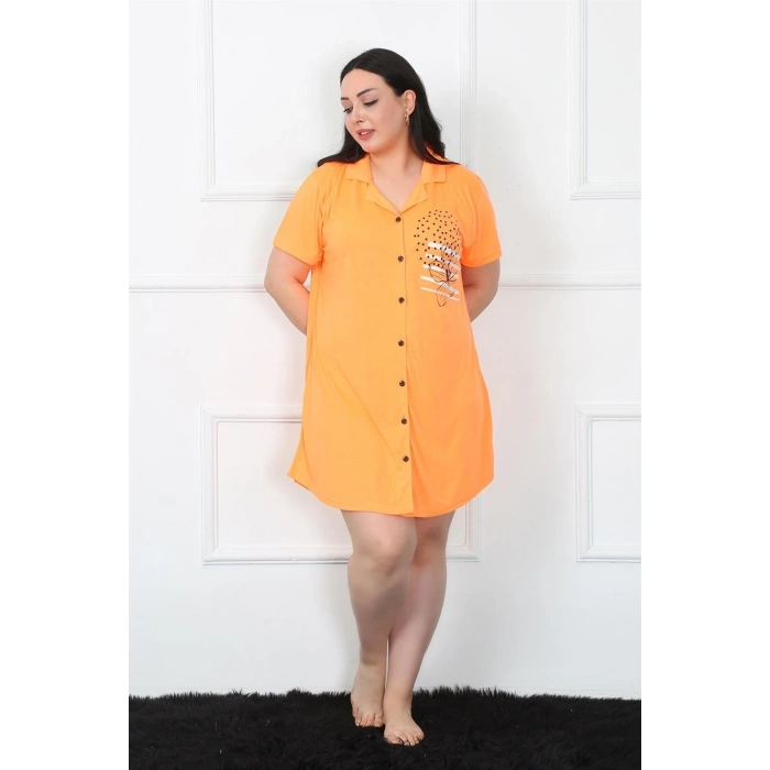 MARSiLYAN- Büyük Beden Penye Düğmeli Turuncu Tunik Gecelik