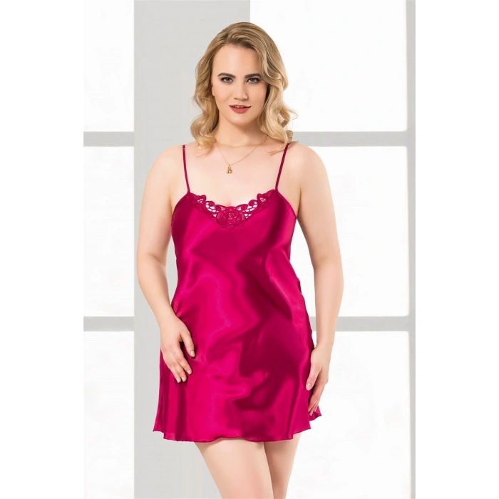 MARSiLYAN-  Büyük Beden Vişne Kısa Saten Gecelik