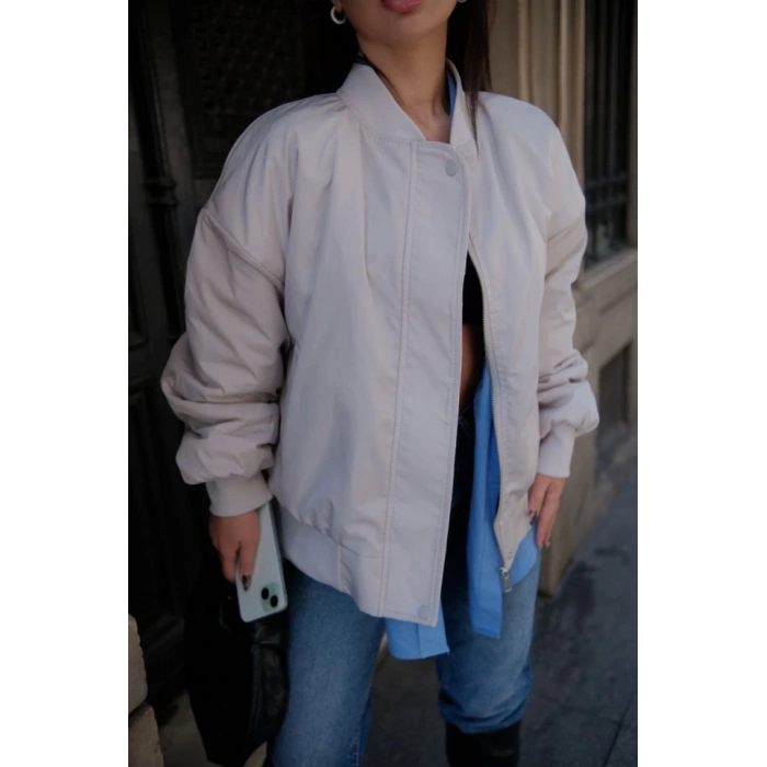 MARSiLYAN- Cepli Bomber Ceket Mont - Beyaz