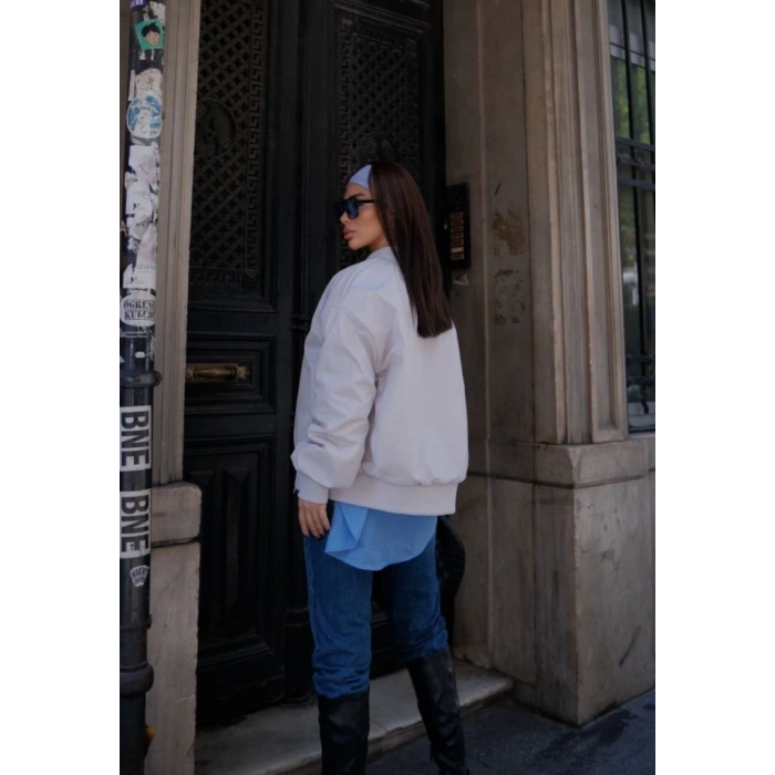 MARSiLYAN- Cepli Bomber Ceket Mont - Beyaz