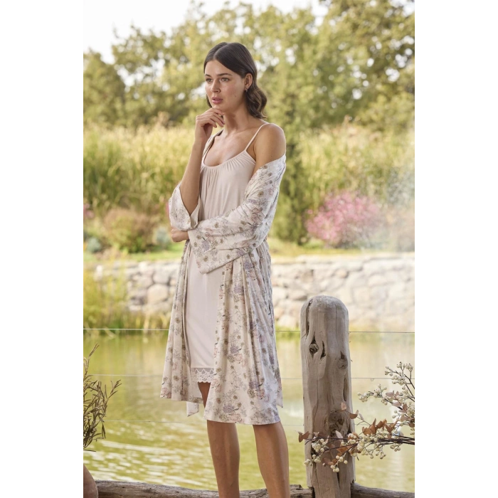 MARSiLYAN-  Çiçek Desenli ve Dantelli Sabahlık Takımı