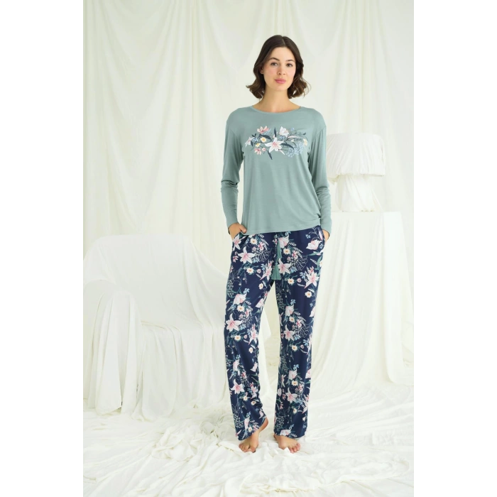 MARSiLYAN-  Çiçek ve Yaprak Desenli Baskılı Pijama Takımı