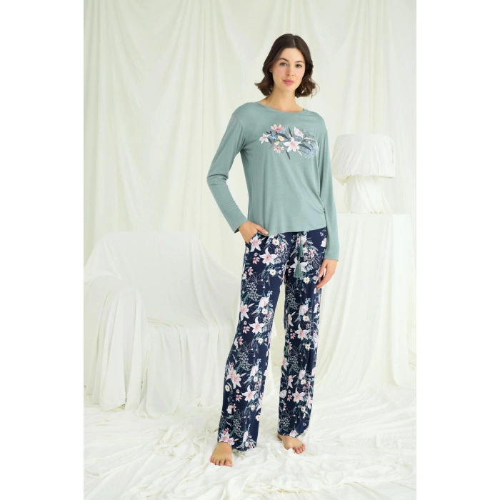 MARSiLYAN-  Çiçek ve Yaprak Desenli Baskılı Pijama Takımı
