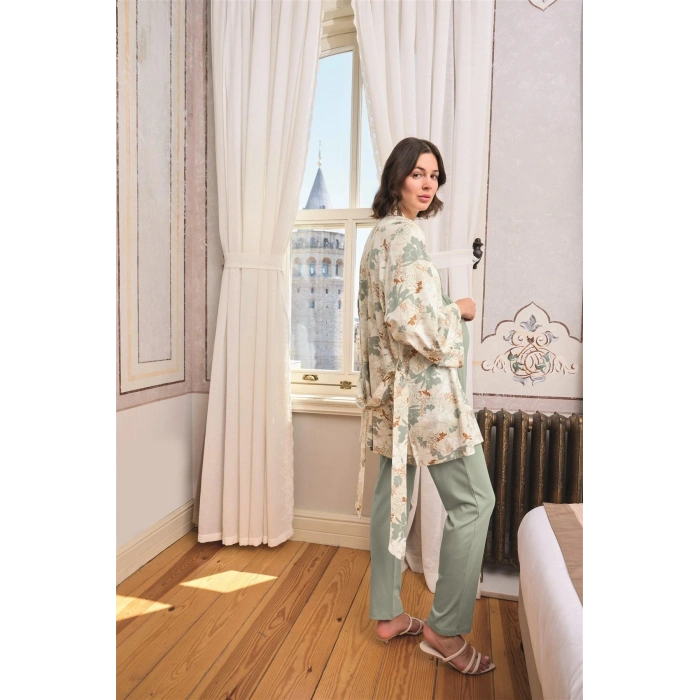 MARSiLYAN-  Çiçek ve Yaprak Desenli Dantelli Hamile Lohusa 3lü Pijama Takımı