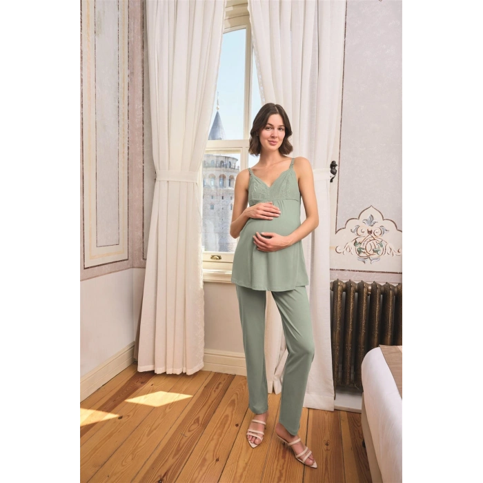 MARSiLYAN- Çiçek Ve Yaprak Desenli Dantelli Hamile Lohusa 3lü Pijama Takımı