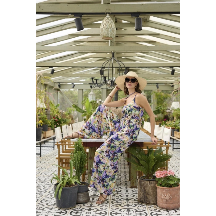 MARSiLYAN-  Çiçek ve Yaprak Desenli İp Askılı Tulum