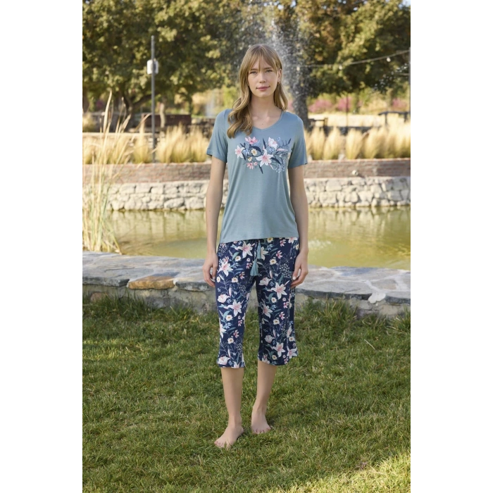 MARSiLYAN-  Çiçek ve Yaprak Desenli ve Baskılı Kapri Takımı