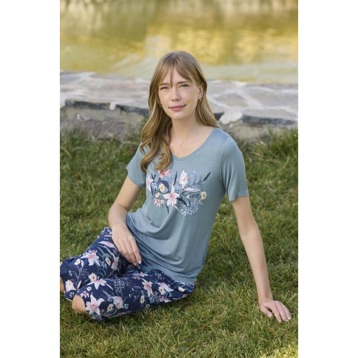 MARSiLYAN-  Çiçek ve Yaprak Desenli ve Baskılı Kapri Takımı