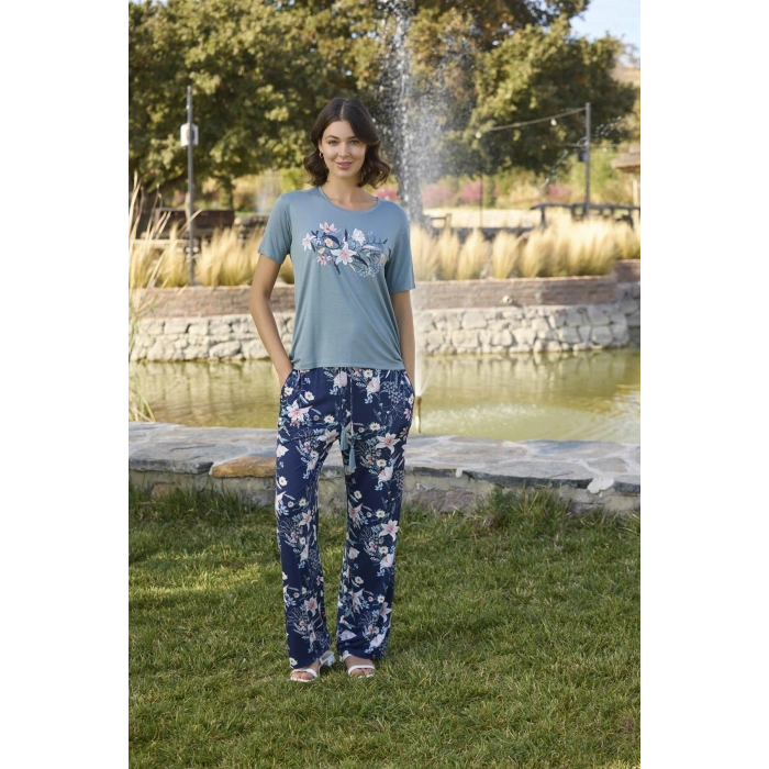 MARSiLYAN-  Çiçek ve Yaprak Desenli ve Baskılı Pijama Takımı