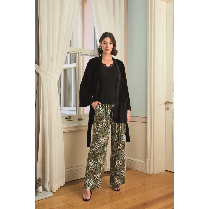 MARSiLYAN-  Çiçek Yaprak ve Etnik Desenli Dantelli 3lü Pijama Takımı