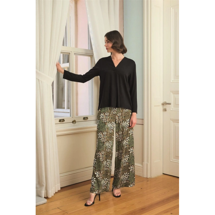 MARSiLYAN-  Çiçek Yaprak ve Etnik Desenli Uzun Kollu Pijama Takımı