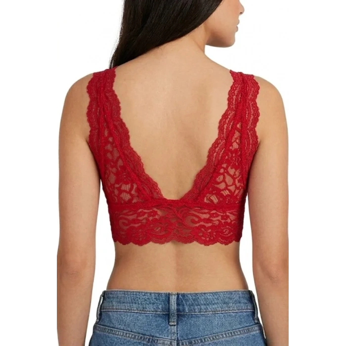 MARSiLYAN- Dantel Bralet Crop Sütyen V Yaka Askılı Şık Esnek Rahat - Kırmızı