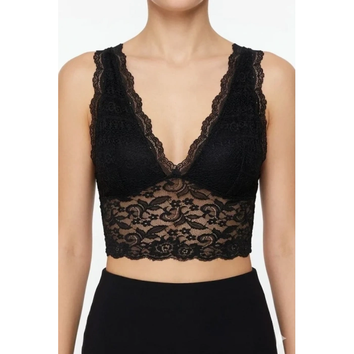 MARSiLYAN- Dantel Bralet Crop Sütyen V Yaka Askılı Şık Esnek Rahat - Siyah
