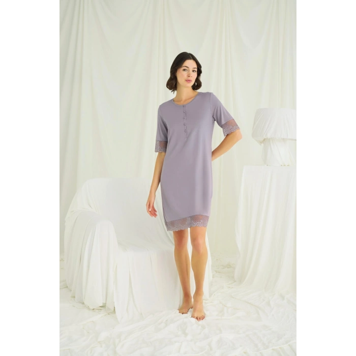 MARSiLYAN-  Dantel Detaylı Kısa Kollu ve Önü Düğmeli Gecelik