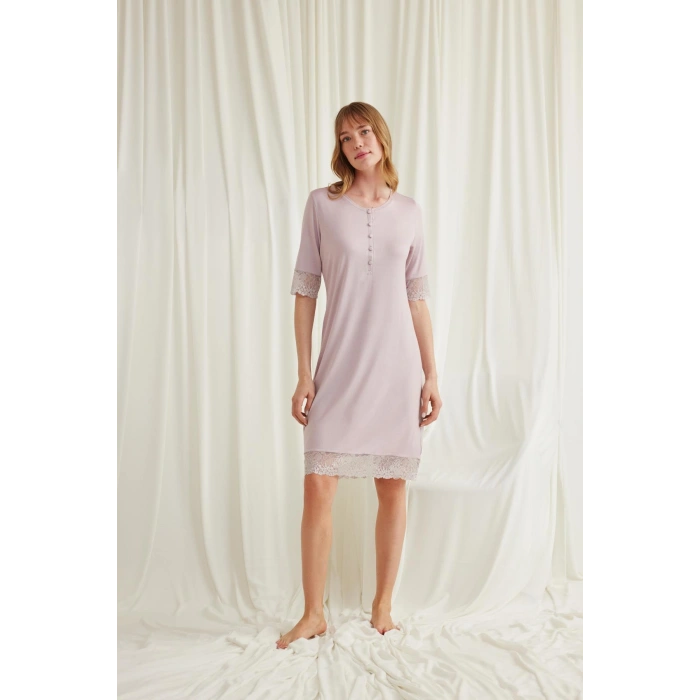 MARSiLYAN-  Dantel Detaylı Kısa Kollu ve Önü Düğmeli Gecelik