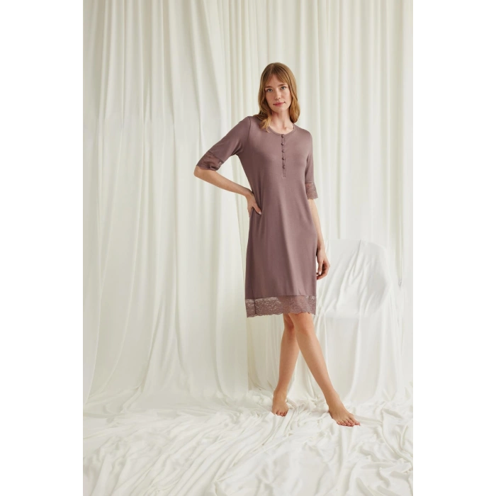 MARSiLYAN-  Dantel Detaylı Kısa Kollu ve Önü Düğmeli Gecelik