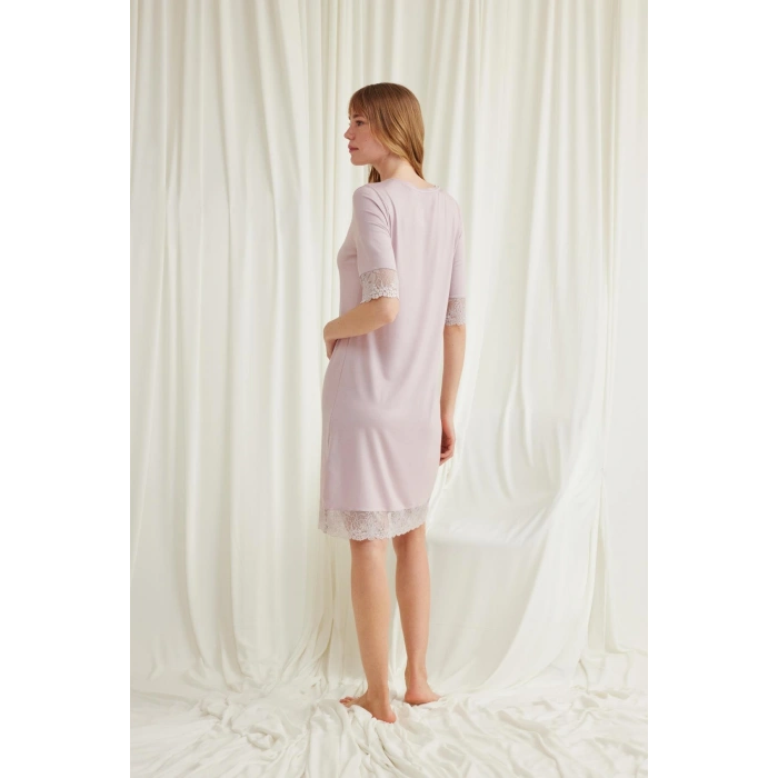 MARSiLYAN-  Dantel Detaylı Kısa Kollu ve Önü Düğmeli Gecelik