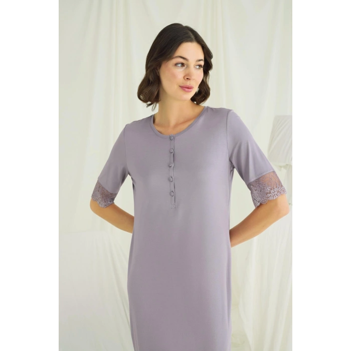 MARSiLYAN-  Dantel Detaylı Kısa Kollu ve Önü Düğmeli Gecelik