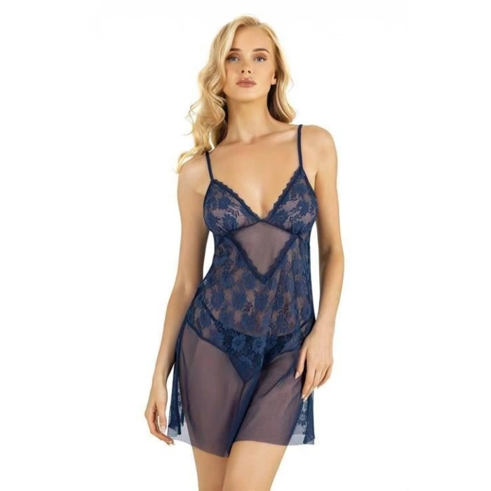 MARSiLYAN- Dantel İşlemeli Lacivert Kısa Tül Gecelik