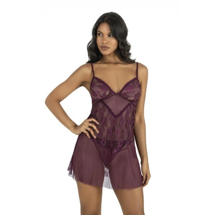 MARSiLYAN- Dantel İşlemeli Mürdüm Kısa Tül Gecelik