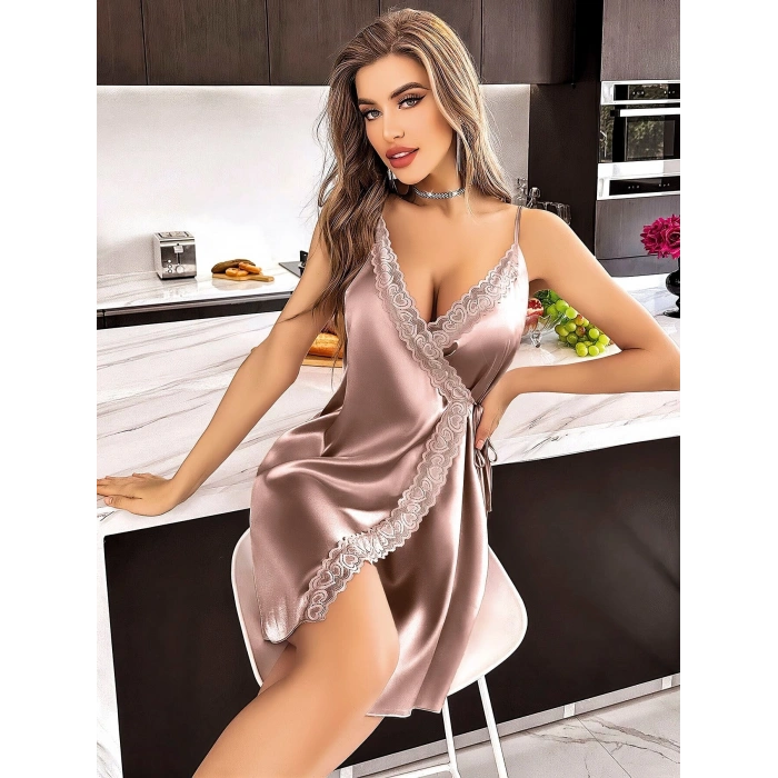 MARSiLYAN-  Dantel Kenarlı İnce Askılı Vizon Mini Saten Gecelik