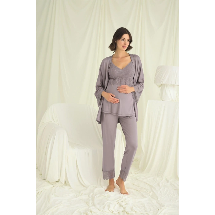 MARSiLYAN-  Dantelli Hamile Lohusa 3lü Pijama Takımı
