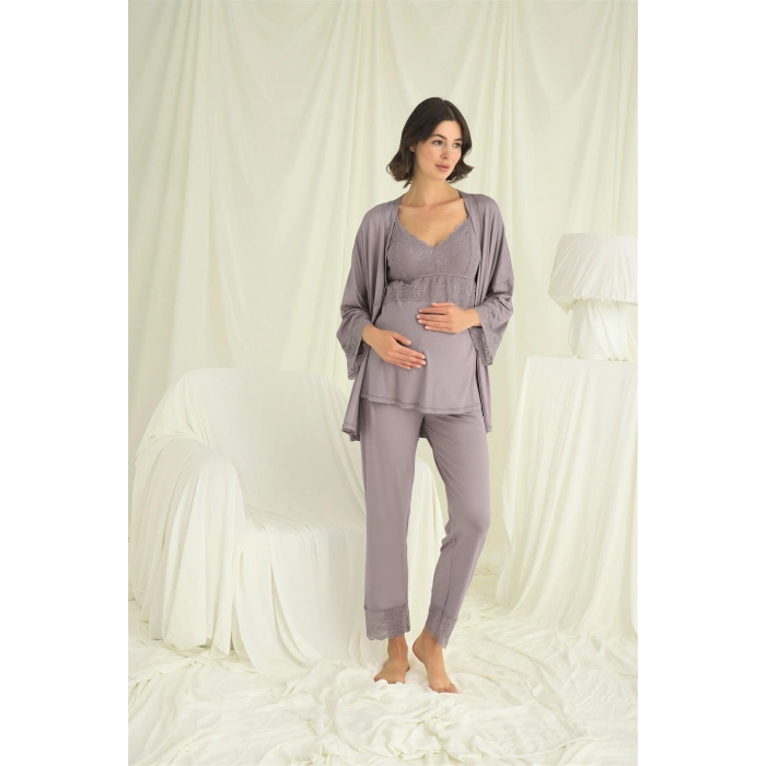 MARSiLYAN- Dantelli Hamile Lohusa 3lü Pijama Takımı