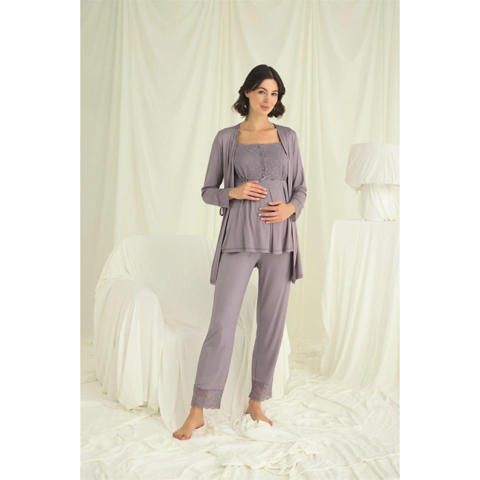 MARSiLYAN-  Dantelli Önü Düğmeli Hamile Lohusa 3lü Pijama Takımı
