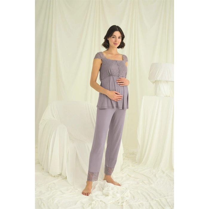 MARSiLYAN-  Dantelli Önü Düğmeli Hamile Lohusa 3lü Pijama Takımı