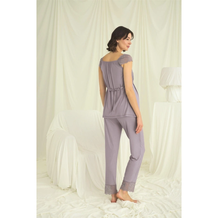 MARSiLYAN-  Dantelli Önü Düğmeli Hamile Lohusa 3lü Pijama Takımı