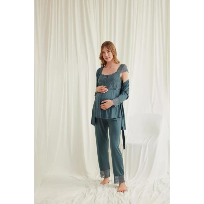 MARSiLYAN- Dantelli Önü Düğmeli Hamile Lohusa 3lü Viskon Pijama Takımı