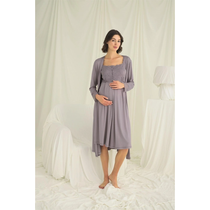 MARSiLYAN-  Dantelli Önü Düğmeli Hamile Lohusa Sabahlık Takımı