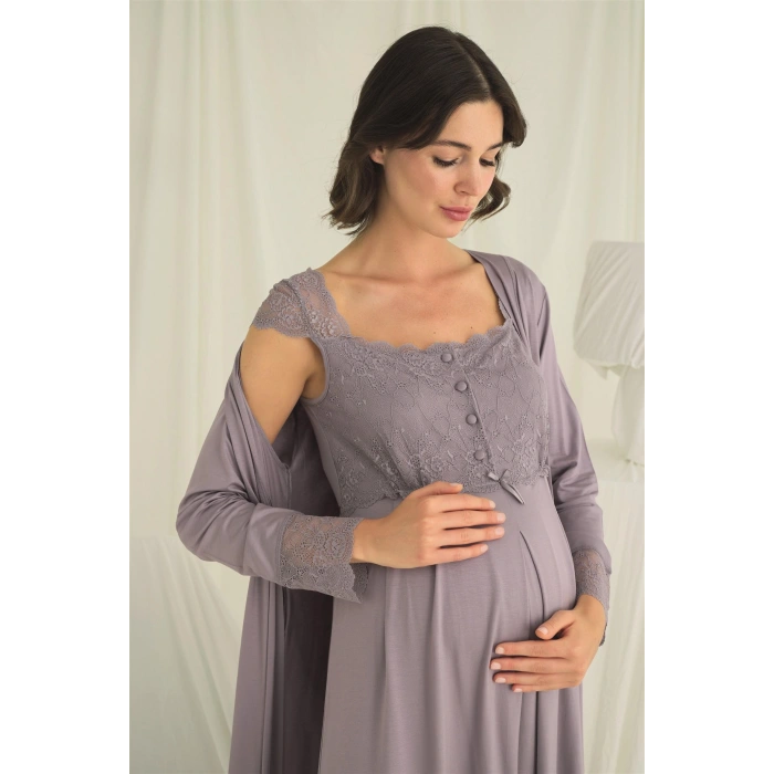 MARSiLYAN- Dantelli Önü Düğmeli Hamile Lohusa Sabahlık Takımı