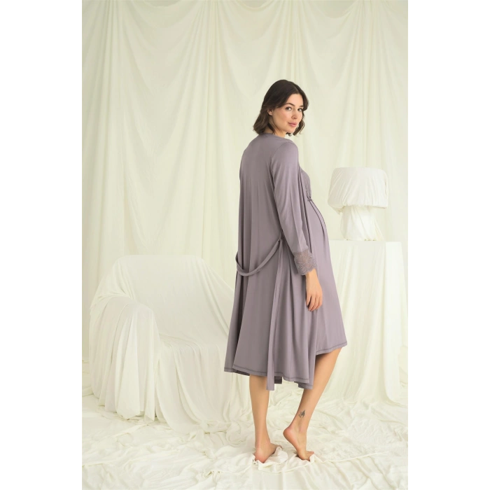 MARSiLYAN-  Dantelli Önü Düğmeli Hamile Lohusa Sabahlık Takımı