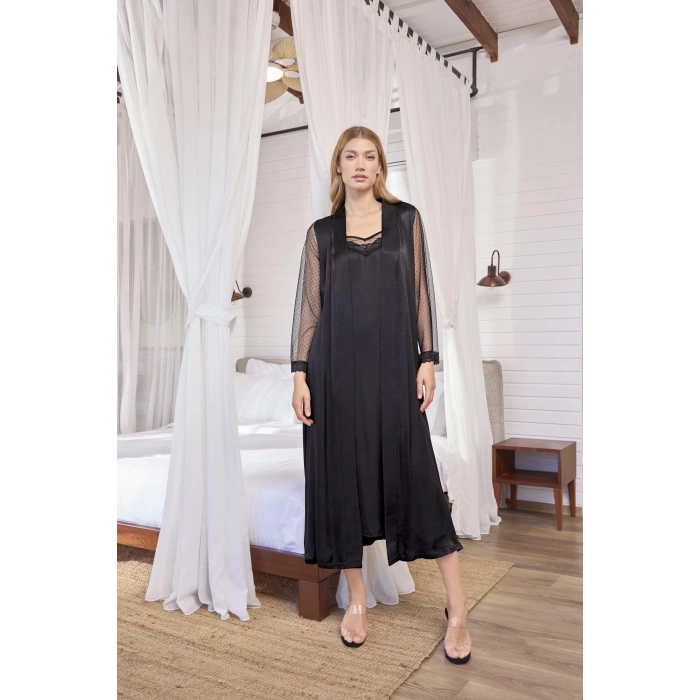 MARSiLYAN-  Dantelli Tüllü ve Dekolteli Saten Sabahlık Takımı