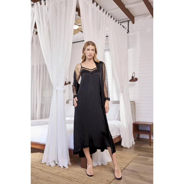 MARSiLYAN-  Dantelli Tüllü ve Dekolteli Saten Sabahlık Takımı