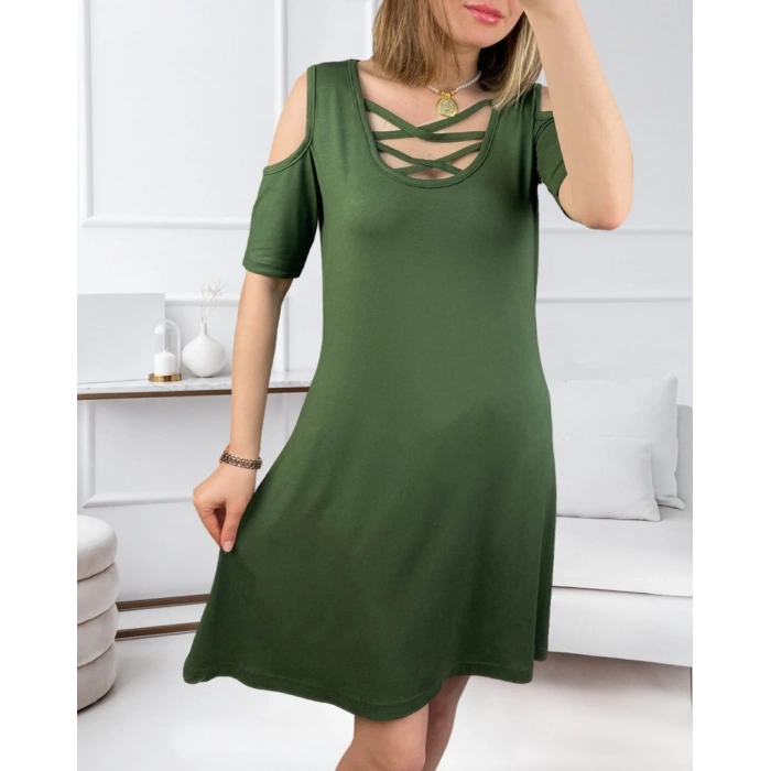 MARSiLYAN- Dekolteli Bağcık Detay Viskon Kumaş Elbise