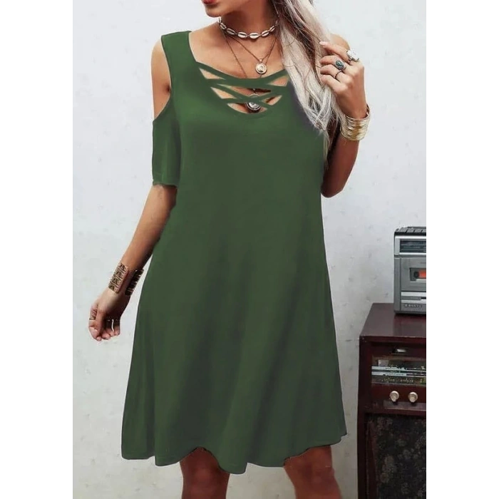 MARSiLYAN- Dekolteli Bağcık Detay Viskon Kumaş Elbise