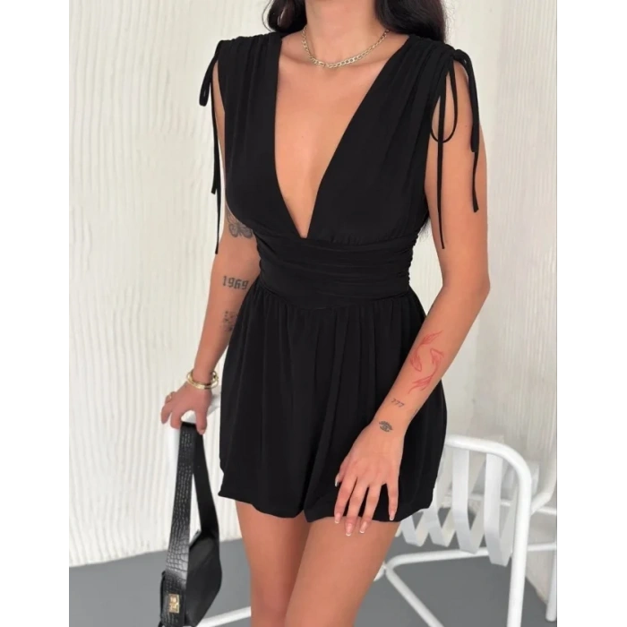 MARSiLYAN- Derin V Yaka Etek Görünümlü Şortlu Elbise Drapeli Mini Yazlık - Siyah